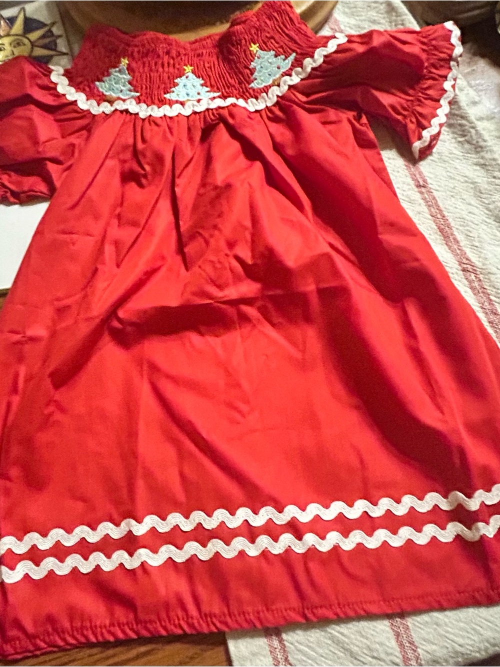 Red Holiday Smocked Kids Dress with White Trim